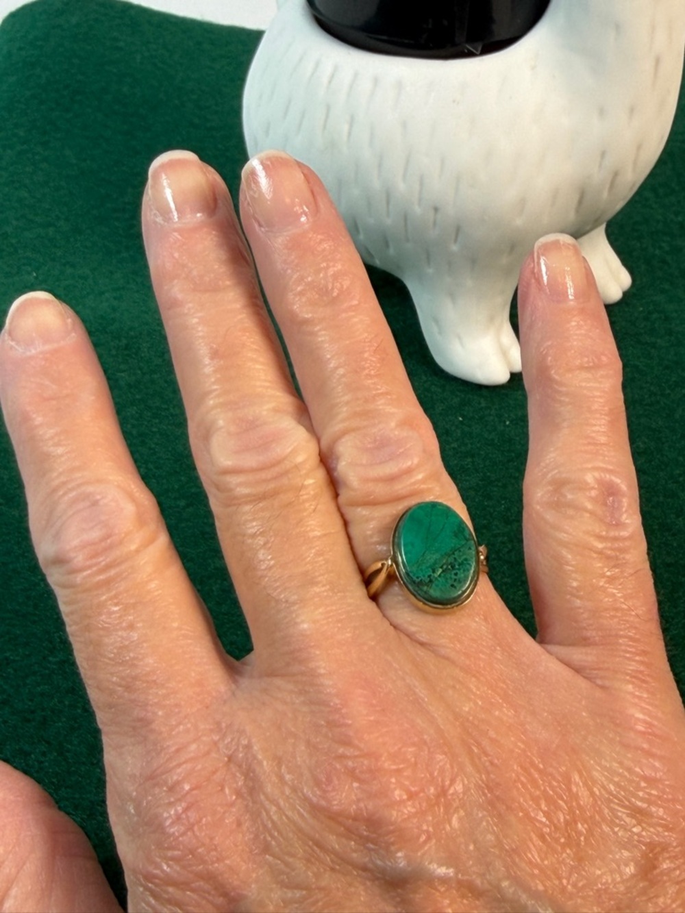 14K Gold Malachite Ring Oval Cabochon Green Stone Statement Ring